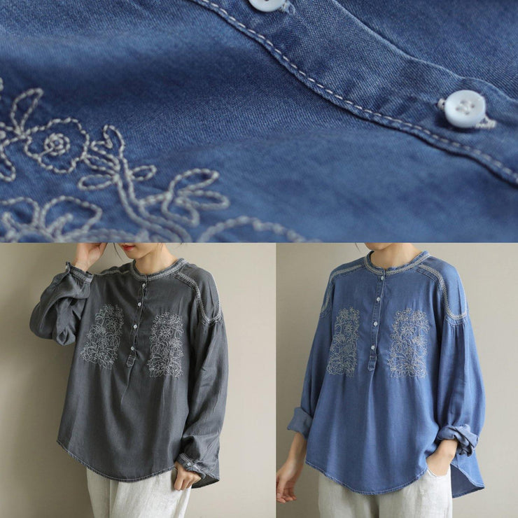 DIY dark gray Shirts o neck embroidery daily shirt - SooLinen