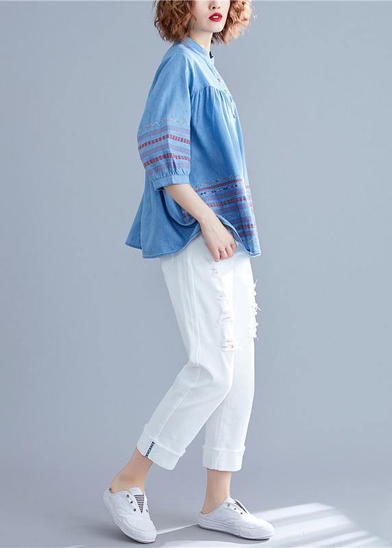 DIY denim blue cotton shirts women stand collar embroidery summer blouse - SooLinen