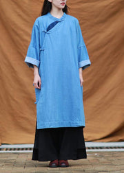 DIY denim blue quilting dresses stand collar patchwork Maxi Dresses - SooLinen
