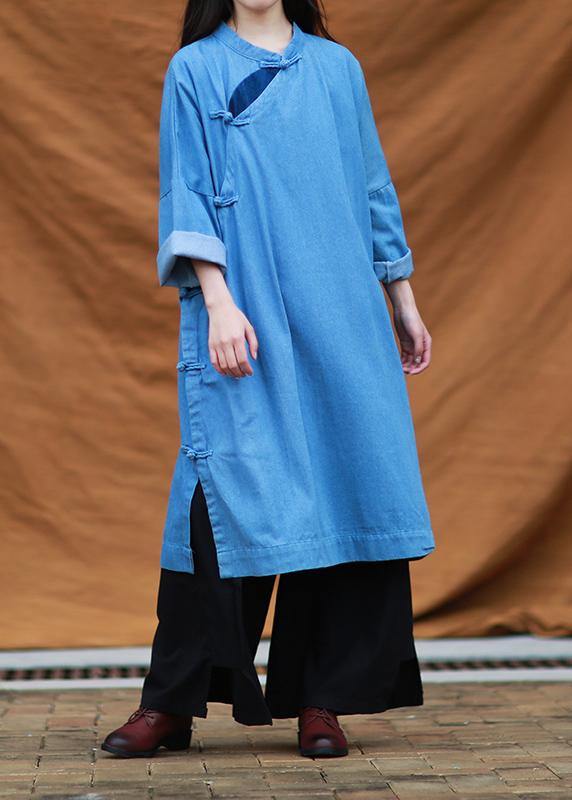 DIY denim blue quilting dresses stand collar patchwork Maxi Dresses - SooLinen