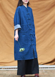 DIY denim blue tunic stand collar pockets Maxi Dress - SooLinen