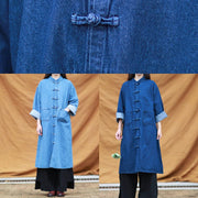 DIY denim blue tunic stand collar pockets Maxi Dress - SooLinen