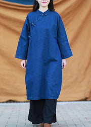 DIY denim dark blue quilting dresses stand collar baggy Dresses - SooLinen