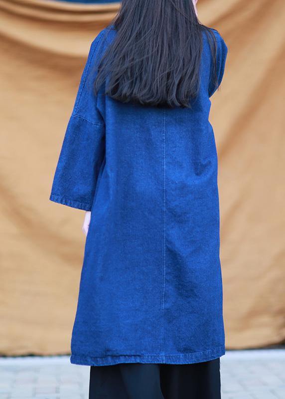 DIY denim dark blue quilting dresses stand collar baggy Dresses - SooLinen