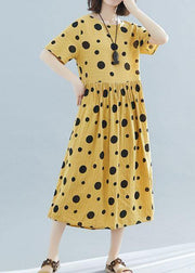 DIY dotted short sleeve linen tunic dress Shirts yellow o neck Dresses summer - SooLinen