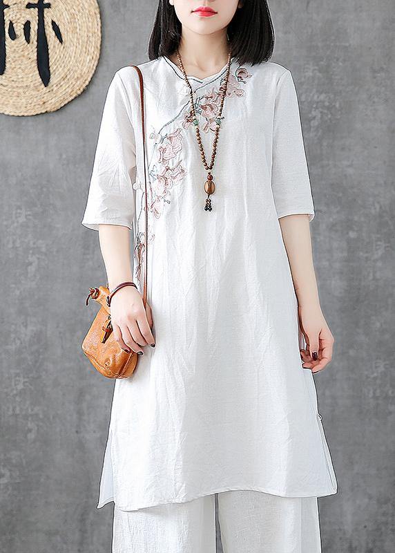 DIY embroidery Chinese Button linen cotton outfit Sleeve white Dresses ...