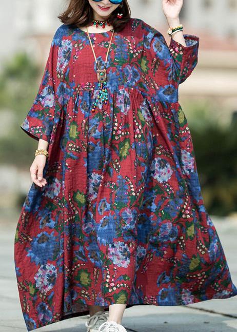 DIY floral cotton linen Robes o neck baggy cotton spring Dresses - SooLinen