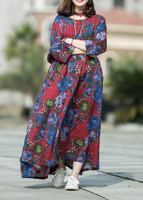 DIY floral cotton linen Robes o neck baggy cotton spring Dresses - SooLinen