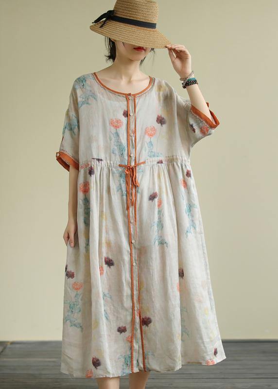 DIY floral linen Long Shirts o neck drawstring Robe summer Dresses - SooLinen