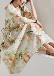 DIY floral linen clothes For Women o neck drawstring cotton Dress - SooLinen
