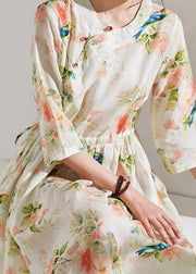 DIY floral linen clothes For Women o neck drawstring cotton Dress - SooLinen
