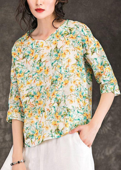 DIY floral linen tunic pattern v neck Half sleeve Dresses summer tops - SooLinen