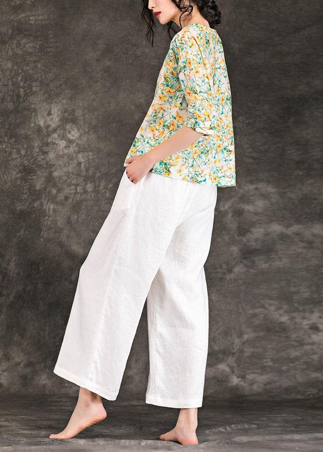 DIY floral linen tunic pattern v neck Half sleeve Dresses summer tops - SooLinen