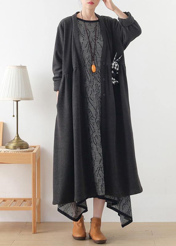 DIY gray Plus Size tunics for women Work v neck Cinched coats - SooLinen