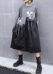DIY gray cotton quilting dresses patchwork tassel Maxi o neck Dresses - SooLinen