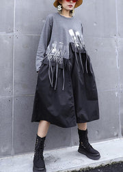 DIY gray cotton quilting dresses patchwork tassel Maxi o neck Dresses - SooLinen