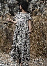 DIY gray prints linen clothes For Women o neck Maxi summer Dress - SooLinen