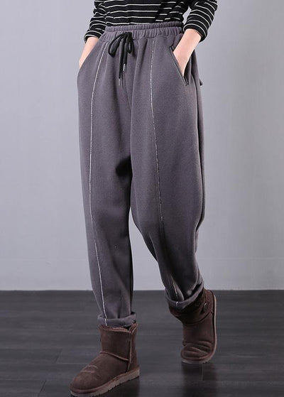 DIY gray trousers elastic waist drawstring pockets Outfits casual pants - SooLinen