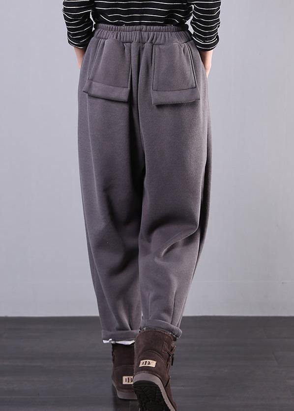DIY gray trousers elastic waist drawstring pockets Outfits casual pants - SooLinen