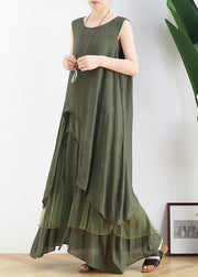 DIY green cotton Tunics o neck asymmetric Robe summer Dresses - SooLinen