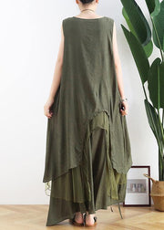 DIY green cotton Tunics o neck asymmetric Robe summer Dresses - SooLinen