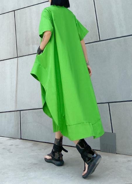 DIY green cotton clothes Women lapel asymmetric Kaftan Dress - SooLinen