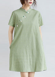 DIY green plaid Cotton clothes Women stand collar pockets oversized Dress - SooLinen
