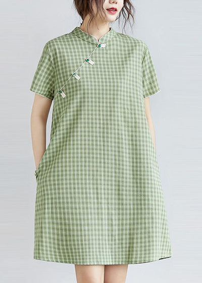 DIY green plaid Cotton clothes Women stand collar pockets oversized Dress - SooLinen