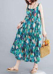 DIY green print cotton linen dress Spaghetti Strap patchwork A Line summer Dress - SooLinen