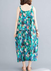 DIY green print cotton linen dress Spaghetti Strap patchwork A Line summer Dress - SooLinen
