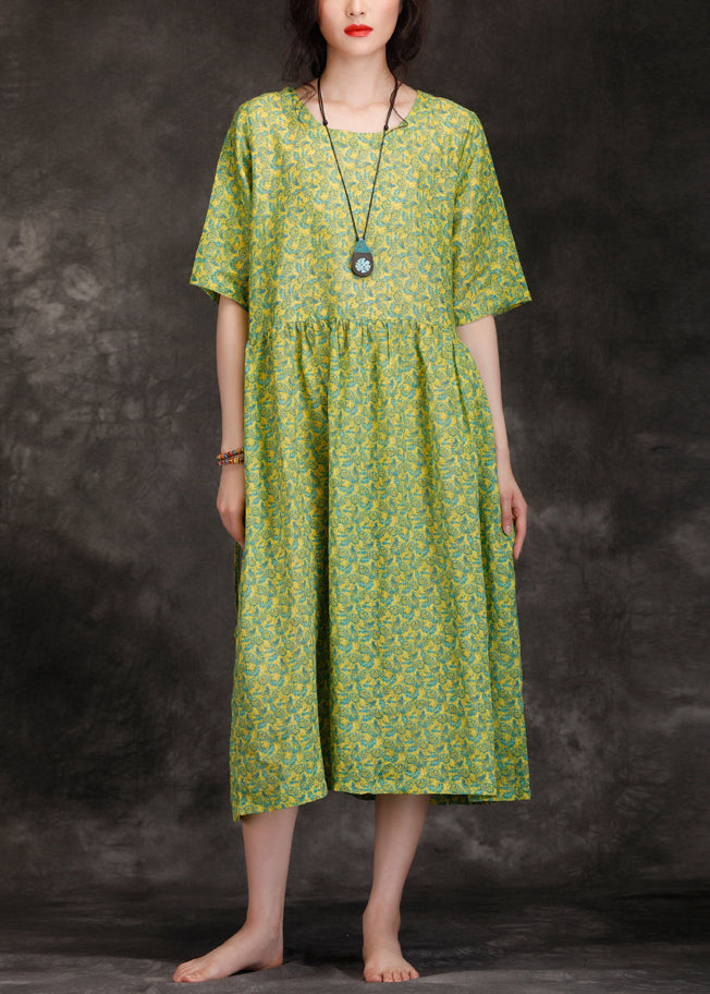 DIY green print linen clothes For Women Casual Work patchwork o neck Kaftan Summer Dresses