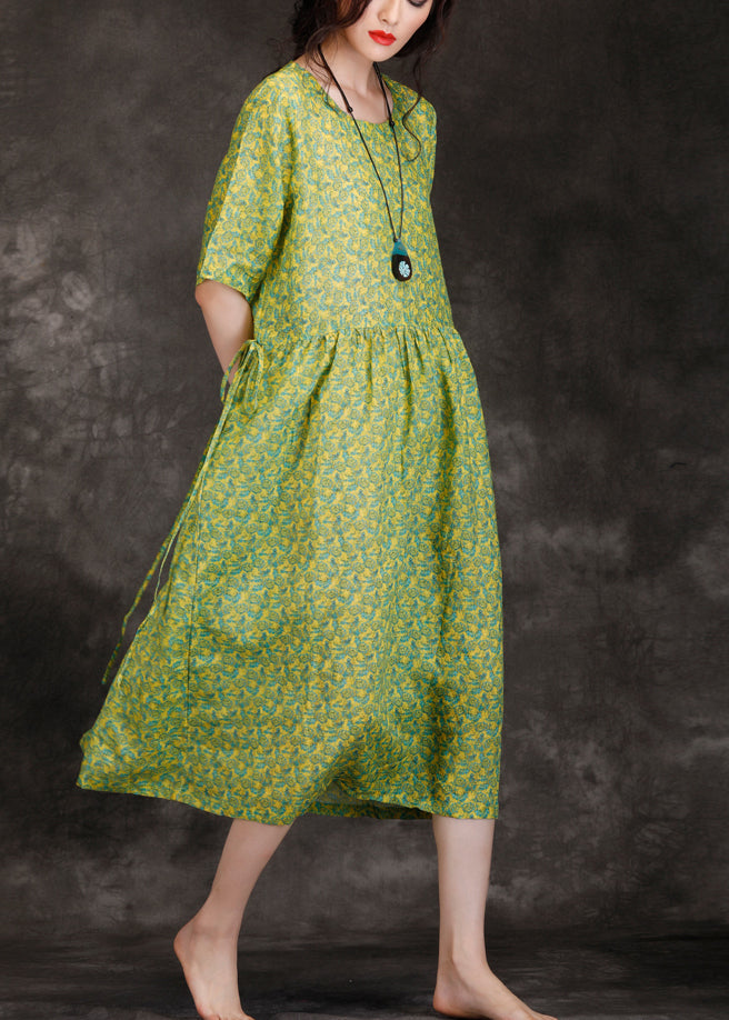 DIY-Leinenkleidung mit grünem Druck für Damen, Freizeitarbeit, Patchwork, O-Ausschnitt, Kaftan, Sommerkleider