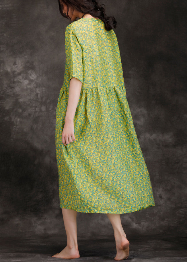 DIY-Leinenkleidung mit grünem Druck für Damen, Freizeitarbeit, Patchwork, O-Ausschnitt, Kaftan, Sommerkleider