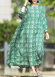 DIY green print linen quilting dresses o neck baggy Maxi summer Dress - SooLinen