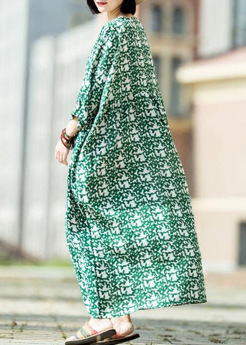 DIY green print linen quilting dresses o neck baggy Maxi summer Dress - SooLinen
