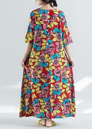 DIY half sleeve cotton Robes linen red floral long Dress sundress - SooLinen