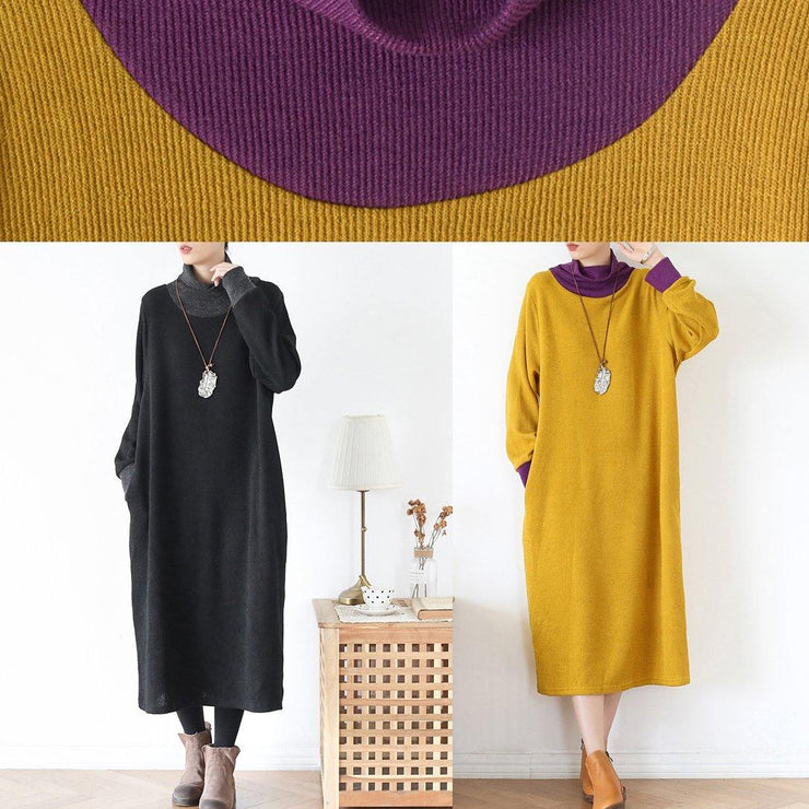 DIY high neck patchwork Tunics Inspiration black loose Dresses - SooLinen