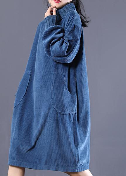 DIY high neck pockets spring outfit design blue Traveling Dresses - SooLinen