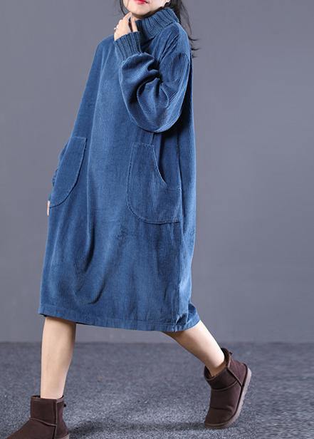 DIY high neck pockets spring outfit design blue Traveling Dresses - SooLinen