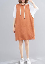 DIY hooded Batwing Sleeve linen cotton dress linen orange Dresses - SooLinen