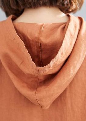 DIY hooded Batwing Sleeve linen cotton dress linen orange Dresses - SooLinen