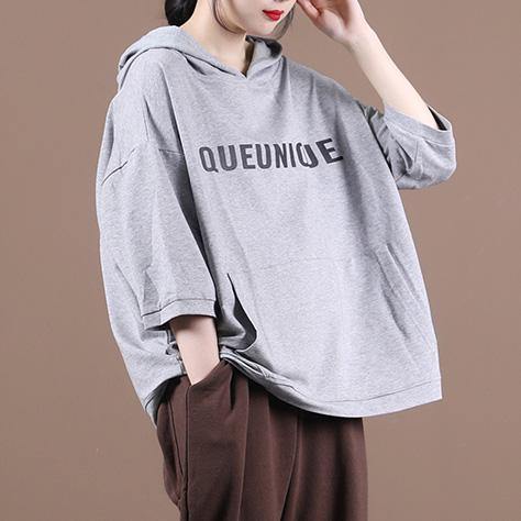 DIY hooded half sleeve shirts women Sewing light gray Letter tops - SooLinen