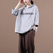 DIY hooded half sleeve shirts women Sewing light gray Letter tops - SooLinen