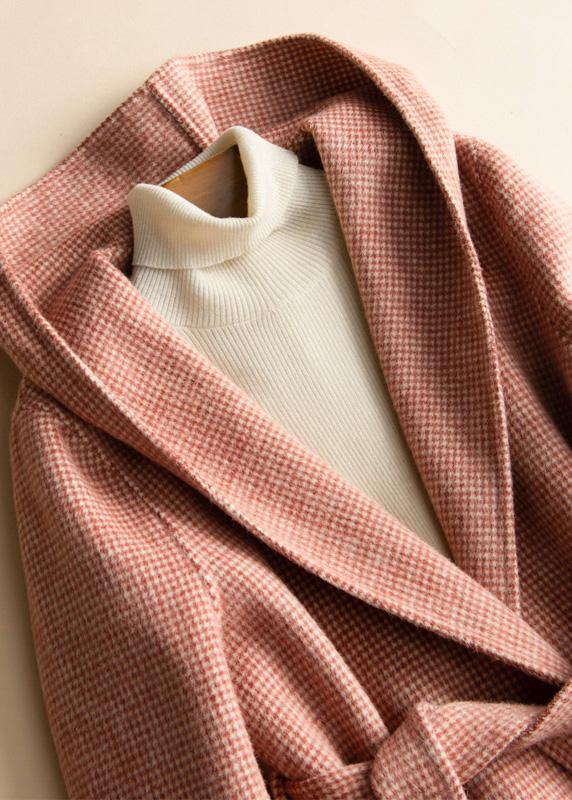 DIY hooded tie waist Plus Size casual Woolen Coats women red plaid tunic outwear - SooLinen