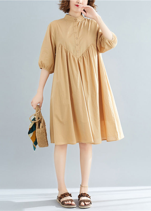 DIY khaki Cotton Shirts Organic Photography stand collar loose Summer Dresses