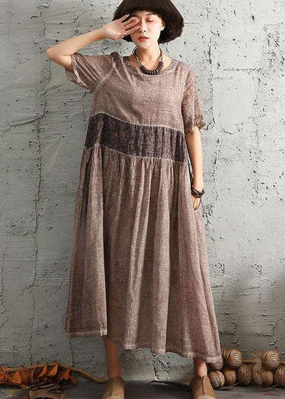 DIY khaki patchwork cotton linen clothes For Women short sleeve long summer Dress - SooLinen