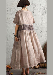 DIY khaki patchwork cotton linen clothes For Women short sleeve long summer Dress - SooLinen