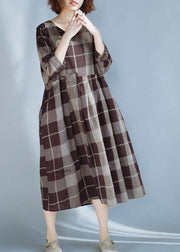 DIY khaki plaid cotton quilting dresses patchwork Robe summer Dress - SooLinen