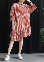 DIY lapel asymmetric Cotton dresses Fashion Ideas red Plaid Dress fall - SooLinen