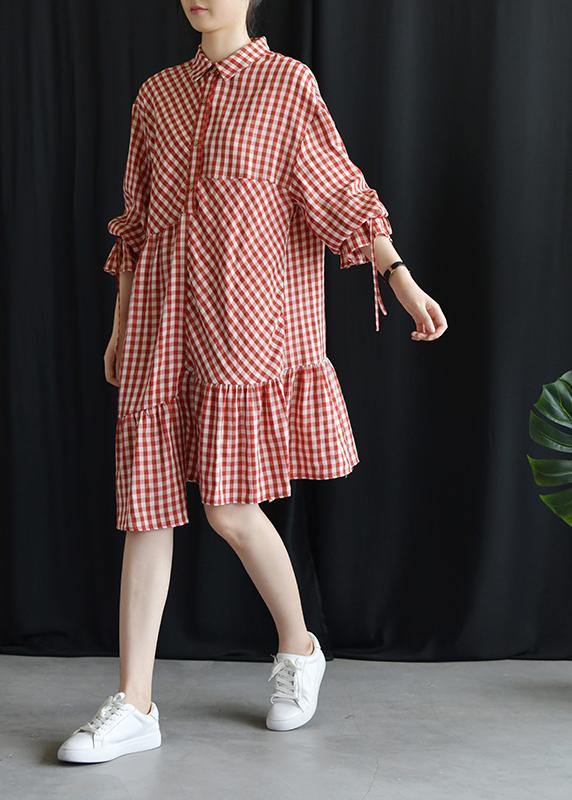 DIY lapel asymmetric Cotton dresses Fashion Ideas red Plaid Dress fall - SooLinen